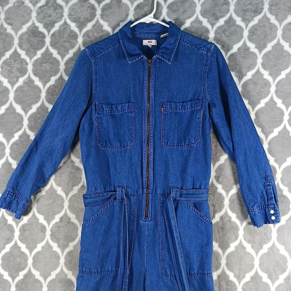Levis Denim Jumpsuit Women Medium Blue Zip Front Tie Waist Utility Coveralls - Picture 10 of 13